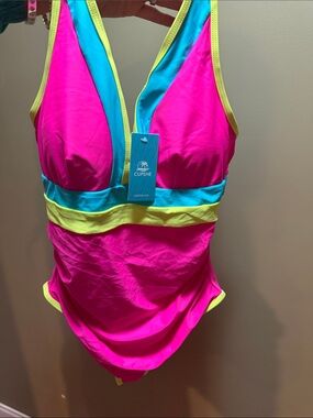 Cupshe Neon Pink, Aqua & Neon Yellow Colorblock One-Piece Swimsuit M NWT
